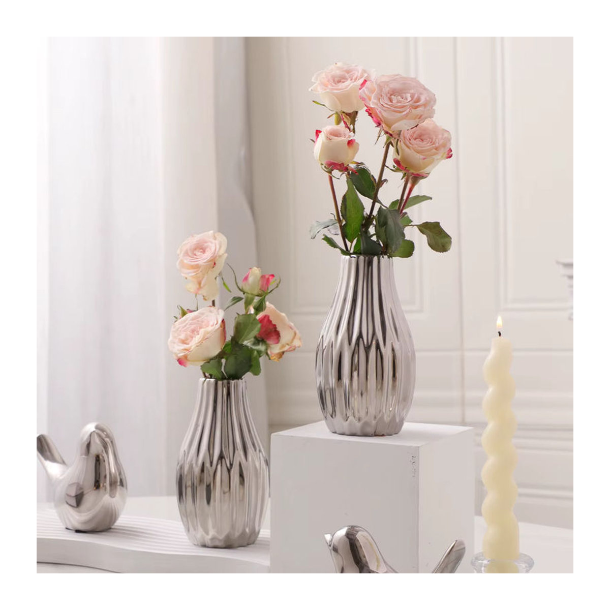XIYA FLOWER Geometrische Keramikvase im minimalistischen Stil, Gold und Silber - Bild 3