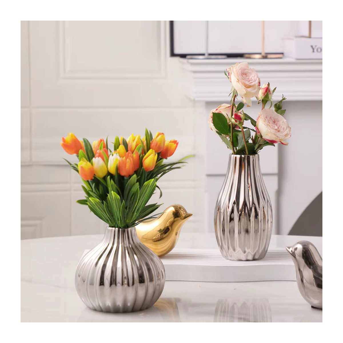 XIYA FLOWER Geometrische Keramikvase im minimalistischen Stil, Gold und Silber - Bild 4