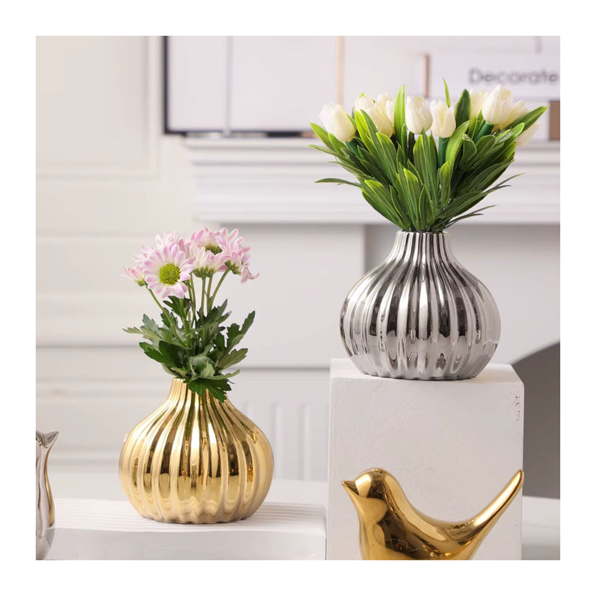 XIYA FLOWER Geometrische Keramikvase im minimalistischen Stil, Gold und Silber - Bild 5
