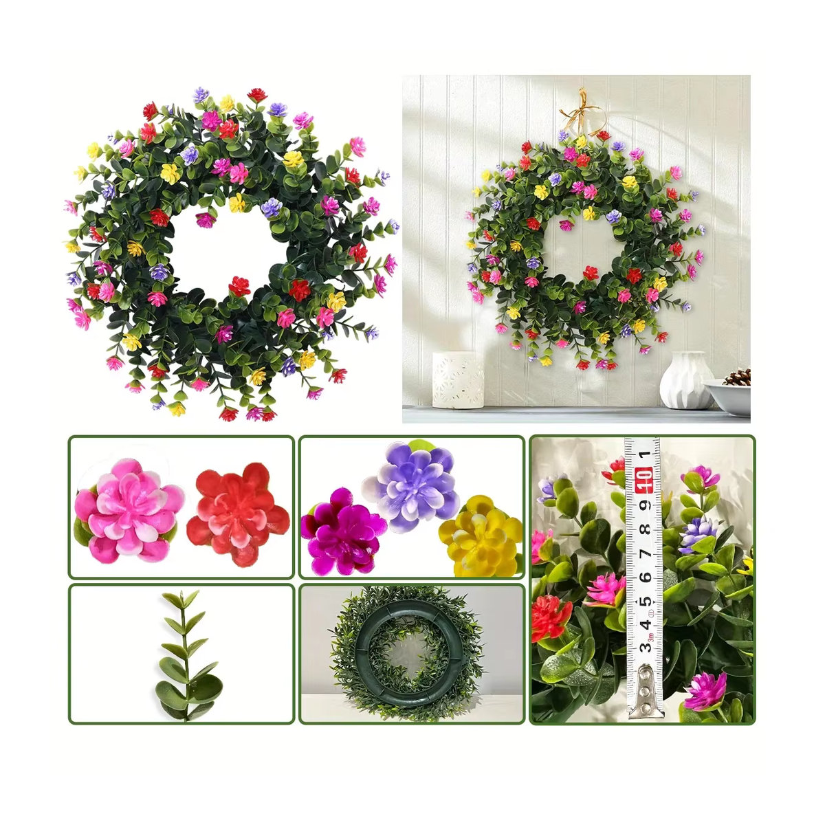Xiya Künstlicher Eukalyptus Kranz in Mehrfarbig, Boho-Stil Hängende Blumen und Blätter Dekoration für Garten und Zuhause - Bild 6