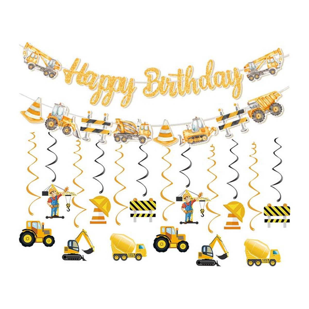 XMSJ Bau-Party-Banner mit Bagger und Bau-LKW als hängende Papier-Dekoration in Gelb für Kindergeburtstage - Bild 1