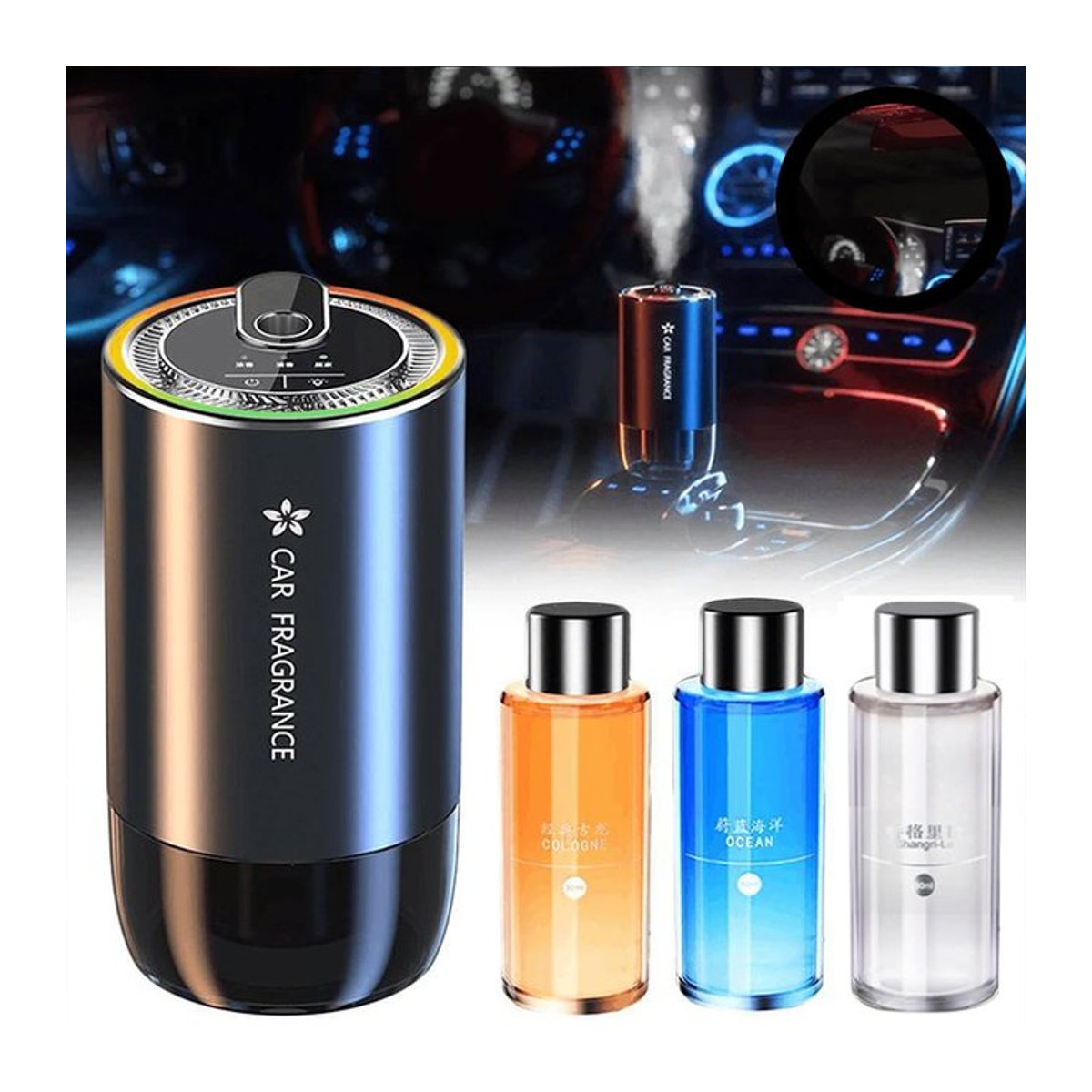 XMSJ Elektrischer Auto Lufterfrischer mit LED Licht, USB aufladbarer Duft Diffusor für Aromatherapie, Schwarz - Bild 1