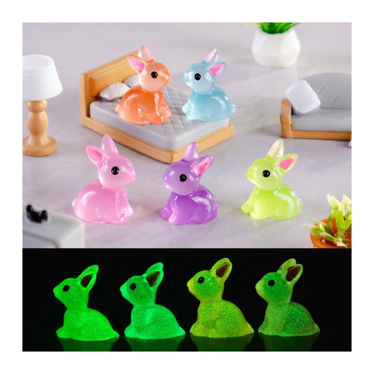 XMSJ Leuchtender Mini-Hase aus Kunstharz in Mehrfarben für Puppenhaus und Mikro-Fee-Garten Dekoration - Bild 1