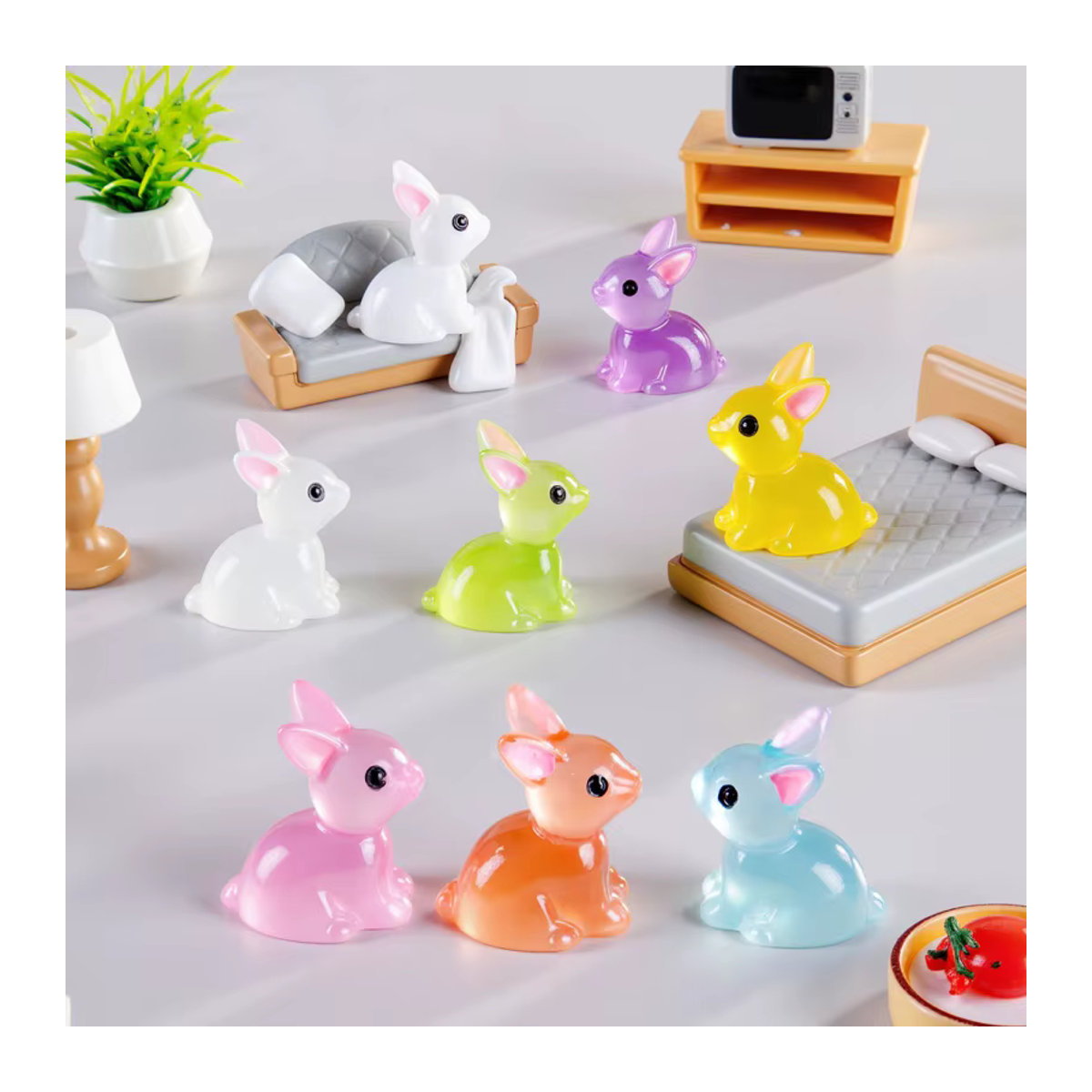 XMSJ Leuchtender Mini-Hase aus Kunstharz in Mehrfarben für Puppenhaus und Mikro-Fee-Garten Dekoration - Bild 3