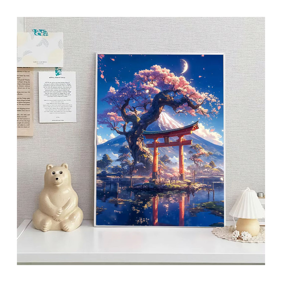 XUEQIXIAOZU Diamantmalerei DIY Set Japanische Kirschblüten am Berg Fuji, Mehrfarbiges Mosaik Bild für Wanddekoration, Rund, Durchmesser: 30 cm - Bild 1