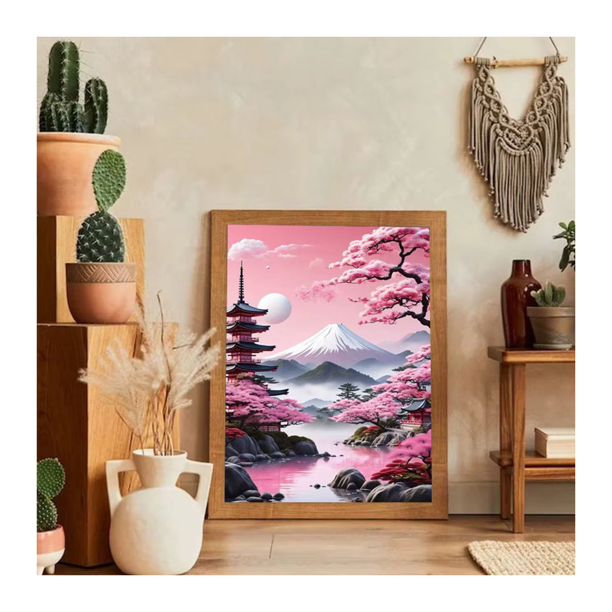 XUEQIXIAOZU Diamantmalerei DIY Set Japanische Kirschblüten am Berg Fuji, Mehrfarbiges Mosaik Bild für Wanddekoration, Rund, Durchmesser: 30 cm - Bild 2
