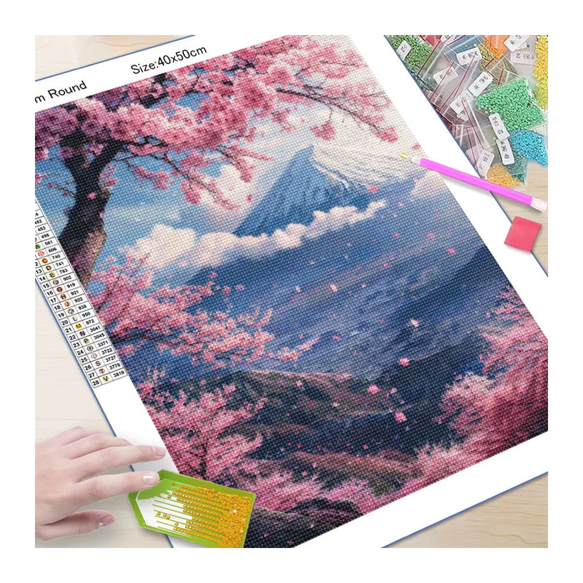XUEQIXIAOZU Diamantmalerei DIY Set Japanische Kirschblüten am Berg Fuji, Mehrfarbiges Mosaik Bild für Wanddekoration, Rund, Durchmesser: 30 cm - Bild 3