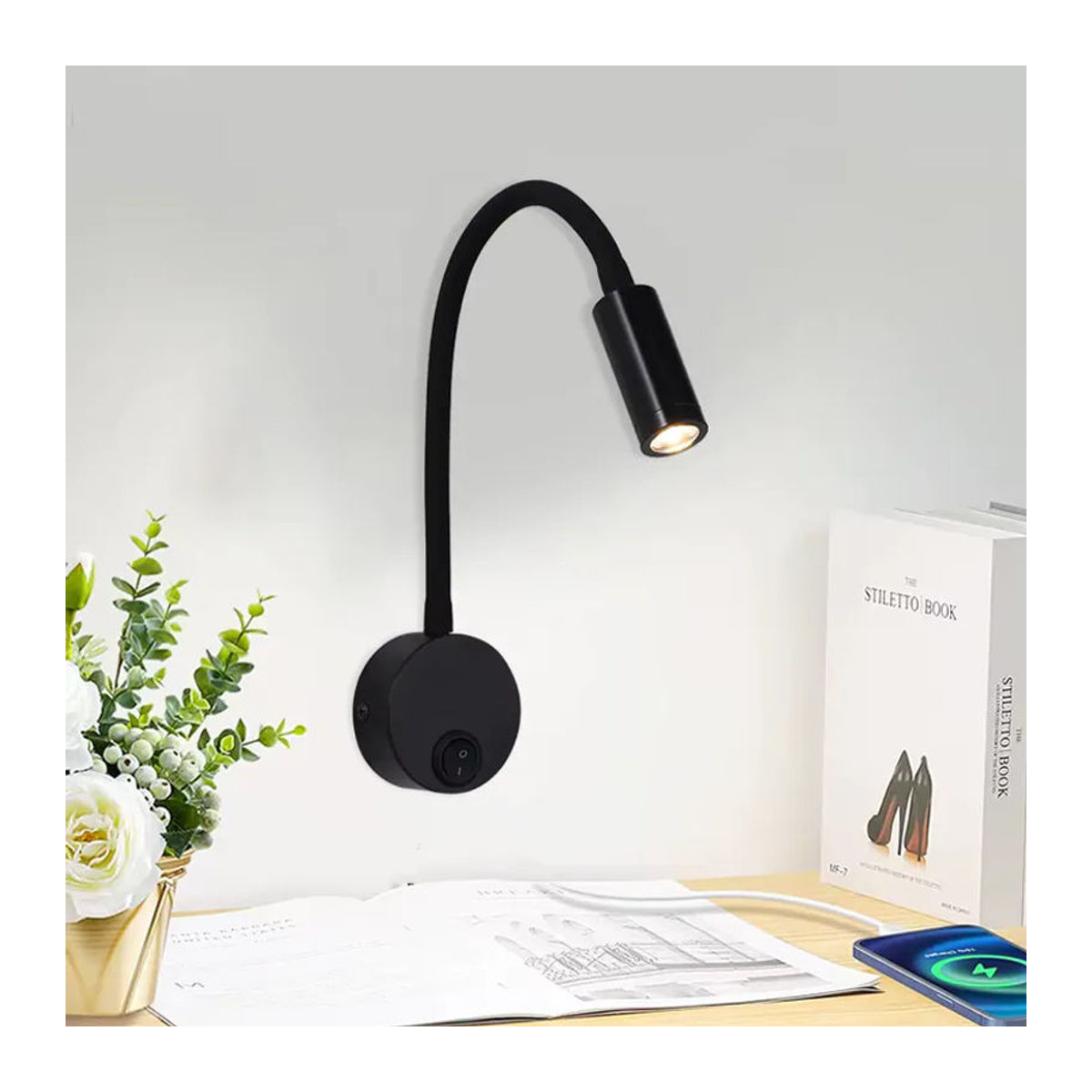 XunShiNi LED Schwanenhals-Lesewandlampe in Schwarz mit 3W, flexibel verstellbar für Schlafzimmer und Nachttisch - Bild 2