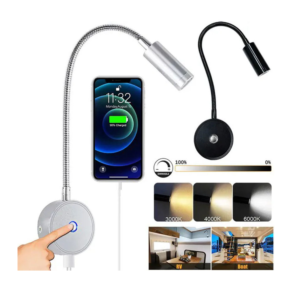 XunShiNi LED-Spotlight Schwarz – Dimmbare Wohnmobil-Leselampe mit flexiblem Schwanenhals aus Aluminium für Van und Boot - Bild 1
