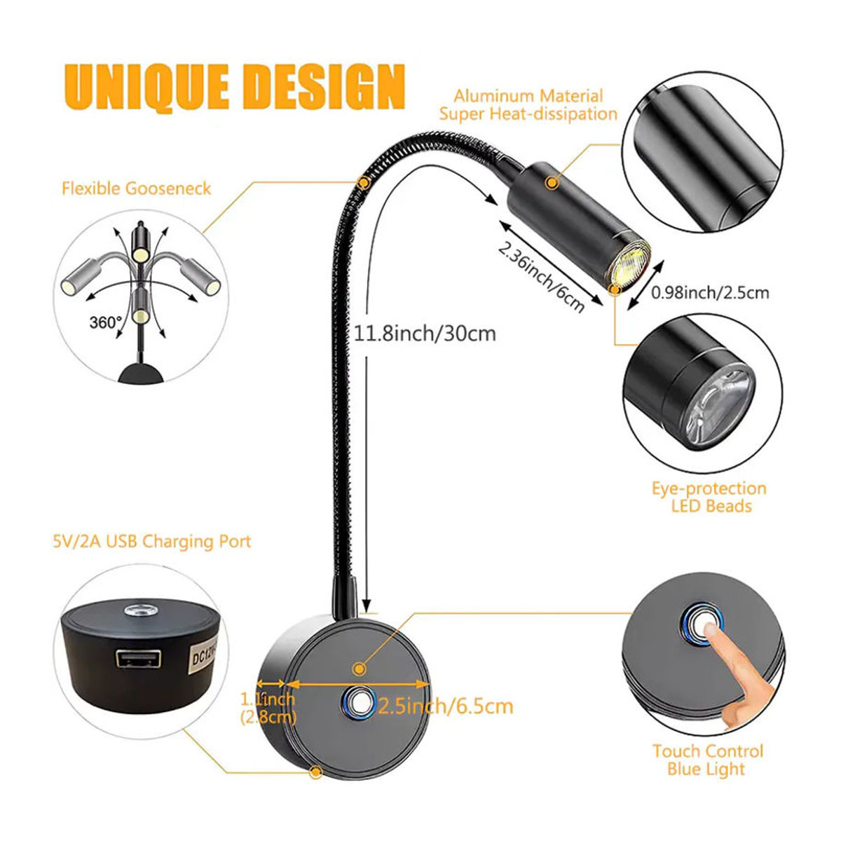 XunShiNi LED-Spotlight Schwarz – Dimmbare Wohnmobil-Leselampe mit flexiblem Schwanenhals aus Aluminium für Van und Boot - Bild 3