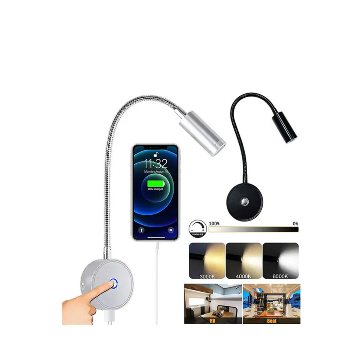 XunShiNi LED-Spotlight Schwarz – Dimmbare Wohnmobil-Leselampe mit flexiblem Schwanenhals aus Aluminium für Van und Boot - Bild 5