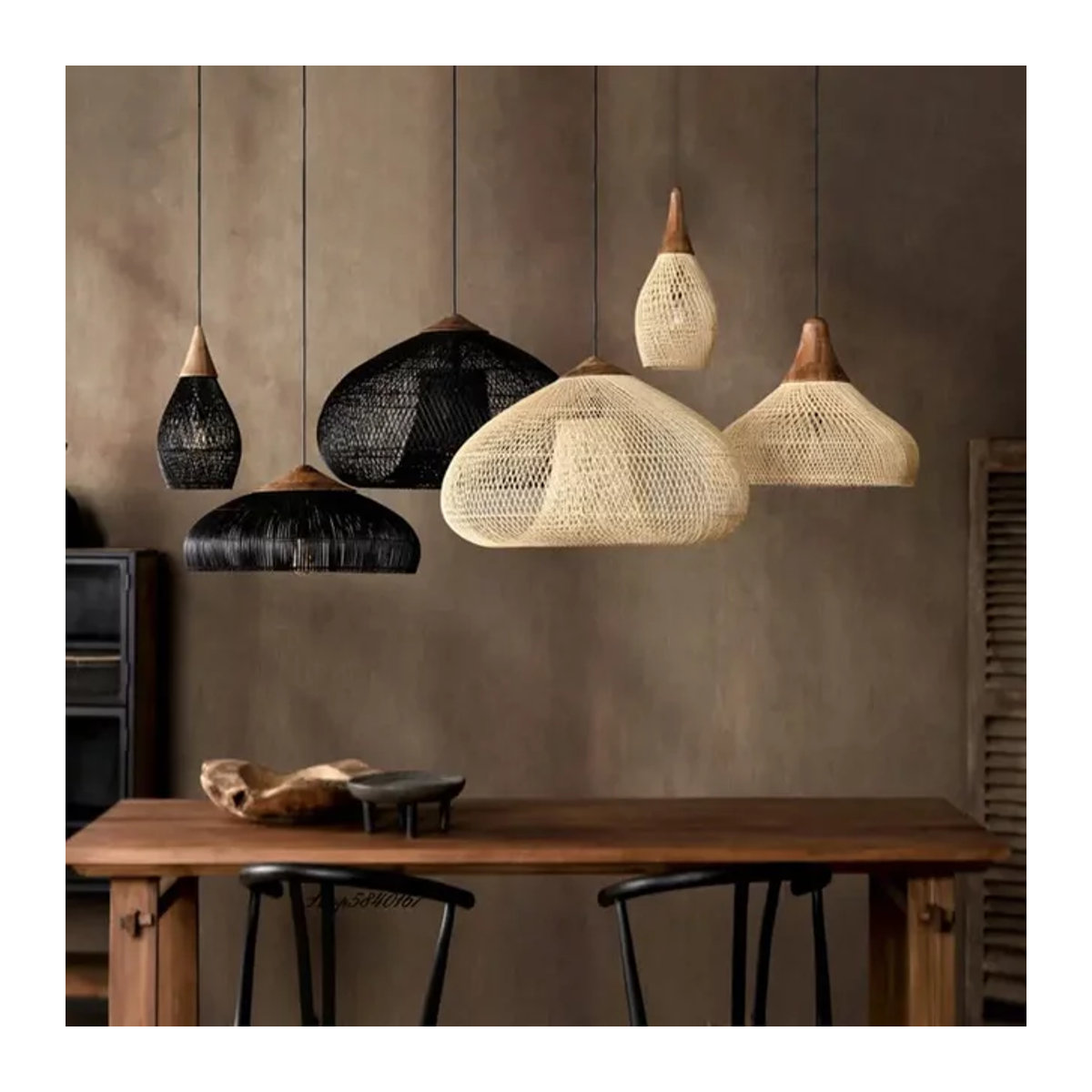 XunShiNi Rattan Pendelleuchte im Bohemian Stil, Korbleuchte in Braun für Esszimmer und Restaurant - Bild 1
