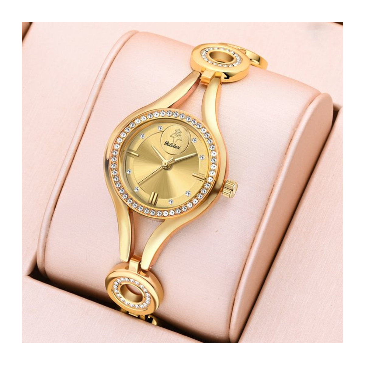 Yalalusi Künstlerische Damen-Quarzuhr mit Kristallakzenten in Gold und Schwarz, runde Armbanduhr aus Metall - Bild 1