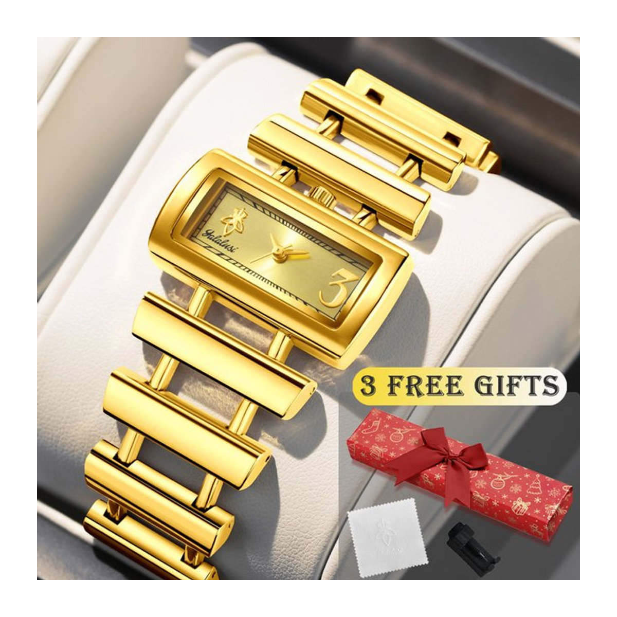 Yalalusi Rechteckige Quarzuhr in Gold mit Metallarmband für Damen und Herren - Bild 1