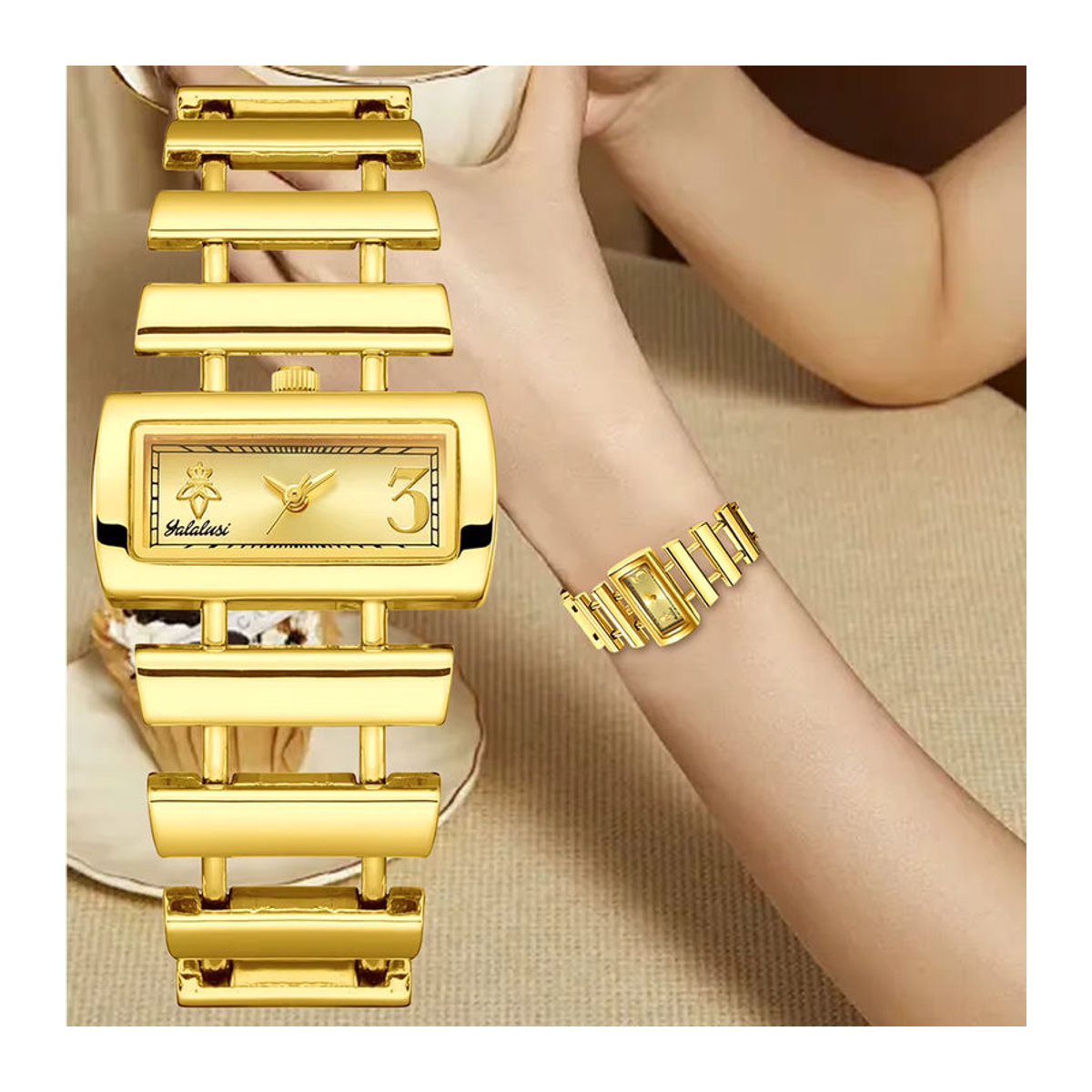 Yalalusi Rechteckige Quarzuhr in Gold mit Metallarmband für Damen und Herren - Bild 2