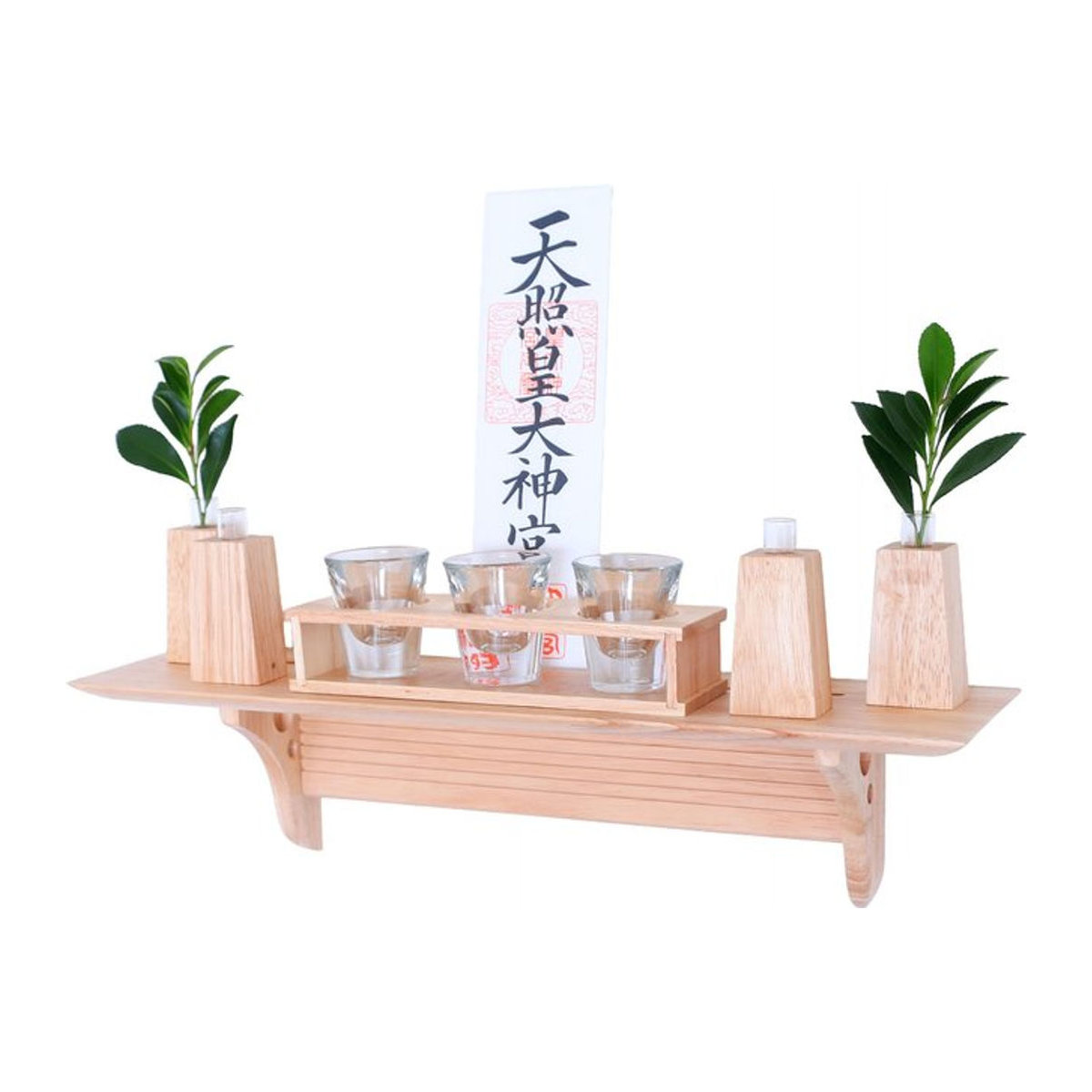 Yamato Bridge Kamidana Modernes Shinto-Ritual-Ensemble aus Holz und Glas in Braun, Wandmontiert mit Haken - Bild 1
