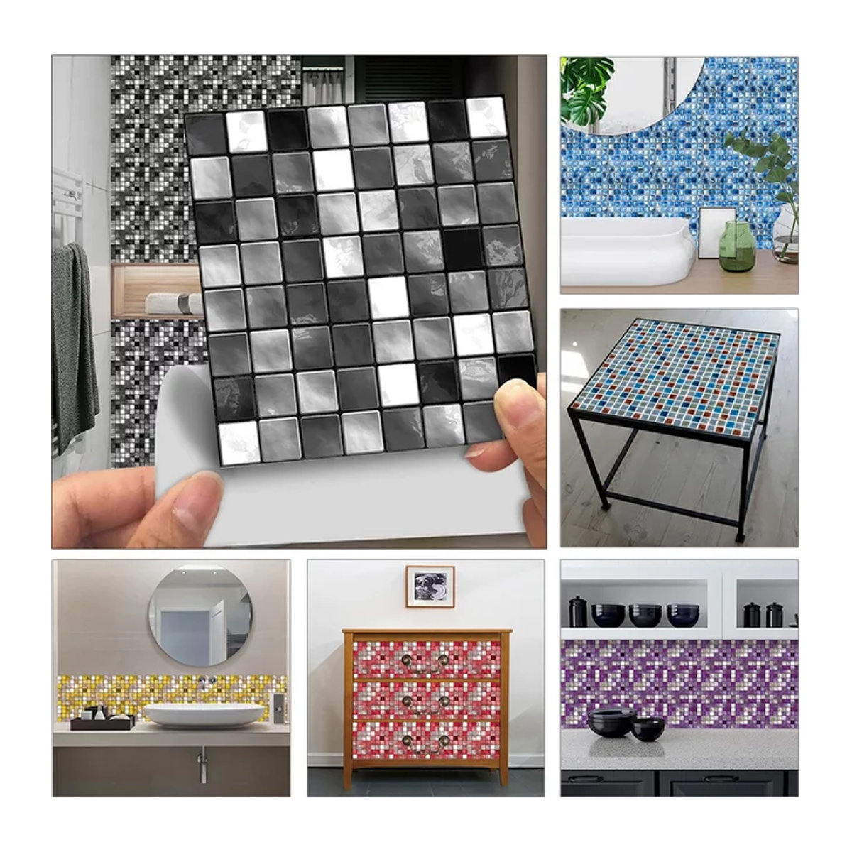 YanTin 10er Set Marmor Kristall Mosaik Fliesen Wandaufkleber in Schwarz Weiß und Grau aus Glas für Küche und Wohnraum - Bild 1