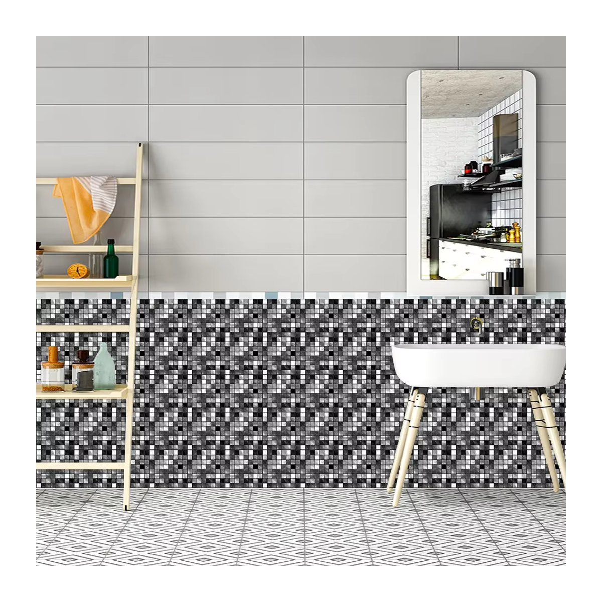YanTin 10er Set Marmor Kristall Mosaik Fliesen Wandaufkleber in Schwarz Weiß und Grau aus Glas für Küche und Wohnraum - Bild 2