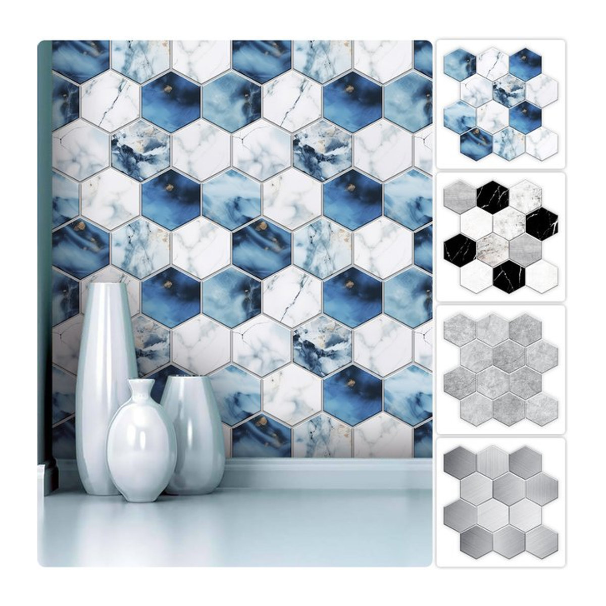 YanTin Sechseckige Marmor Wandaufkleber Geometrisch in Blau mit Glänzender Oberfläche für Küche und Badezimmer - Bild 1
