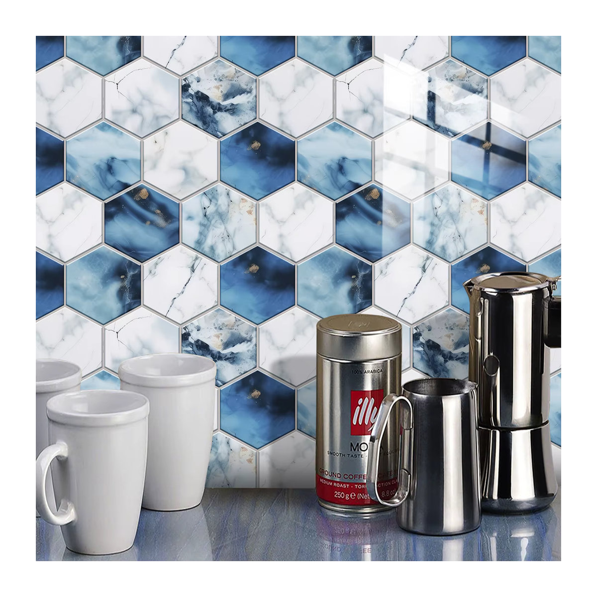 YanTin Sechseckige Marmor Wandaufkleber Geometrisch in Blau mit Glänzender Oberfläche für Küche und Badezimmer - Bild 2