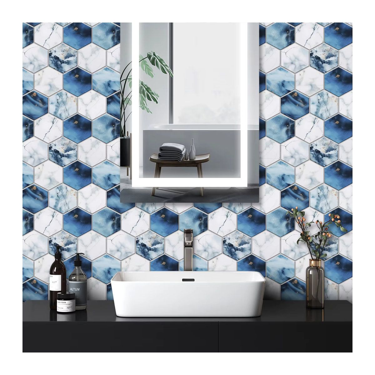 YanTin Sechseckige Marmor Wandaufkleber Geometrisch in Blau mit Glänzender Oberfläche für Küche und Badezimmer - Bild 3