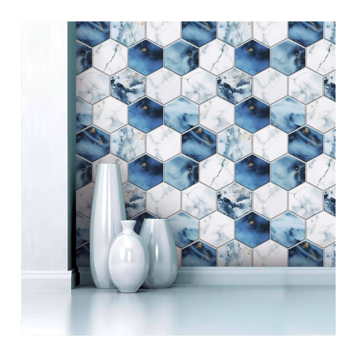 YanTin Sechseckige Marmor Wandaufkleber Geometrisch in Blau mit Glänzender Oberfläche für Küche und Badezimmer - Bild 4