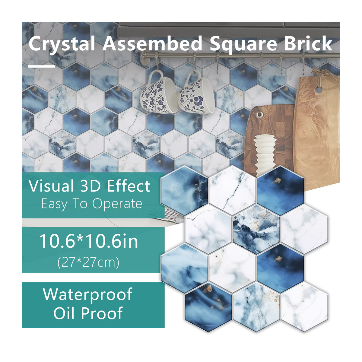 YanTin Sechseckige Marmor Wandaufkleber Geometrisch in Blau mit Glänzender Oberfläche für Küche und Badezimmer - Bild 5