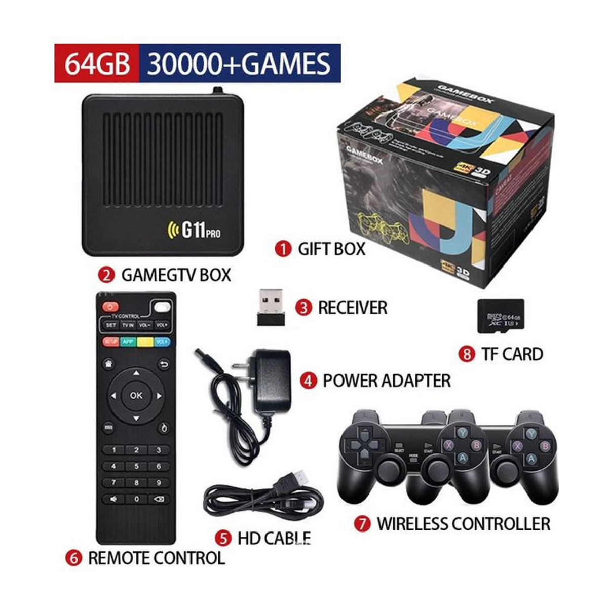YAO JING G11 Pro Retro-Videospielkonsole mit 60000 Spielen, 4K HD TV Game Stick, kabellose Doppelcontroller, Schwarz - Bild 1