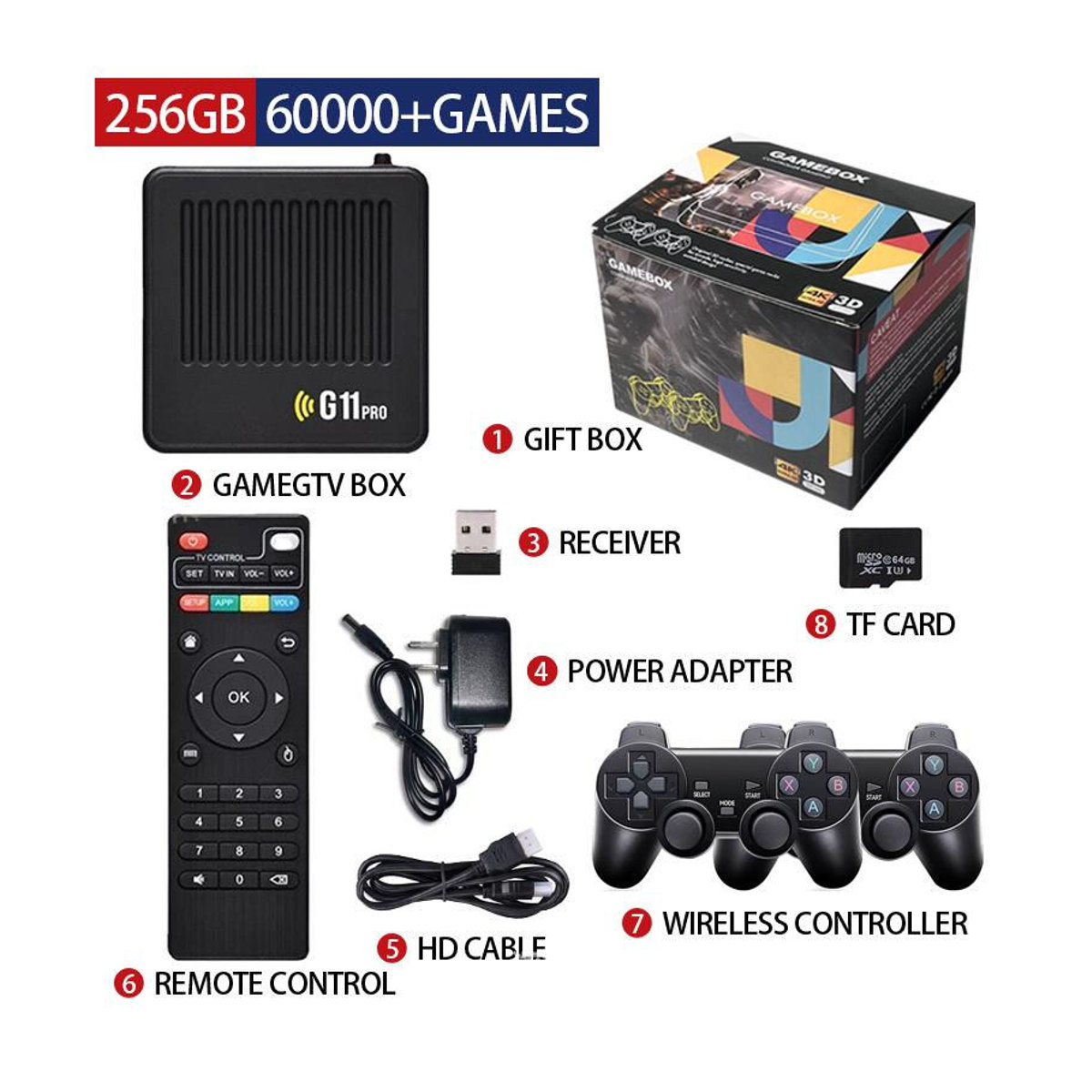 YAO JING G11 Pro Retro-Videospielkonsole mit 60000 Spielen, 4K HD TV Game Stick, kabellose Doppelcontroller, Schwarz - Bild 5