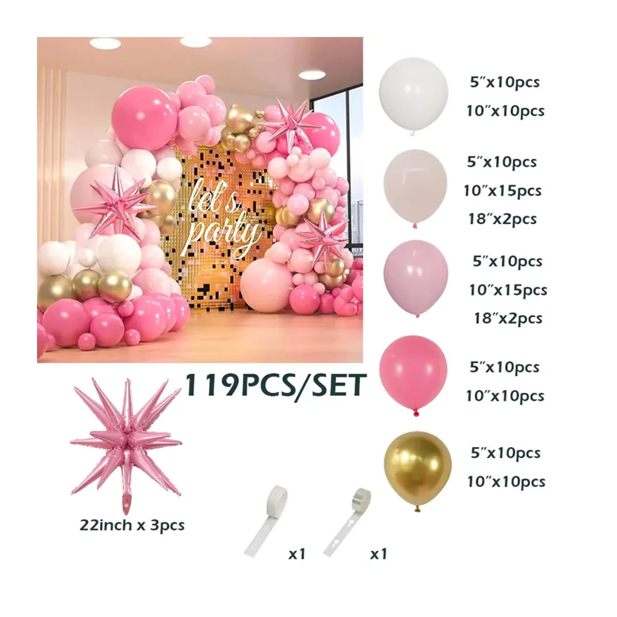 YAYB 119-teiliges Ballongirlanden-Set in Rosa, Gold und Weiß mit Stern-Folienballons für Geburtstag und Partydeko - Bild 5
