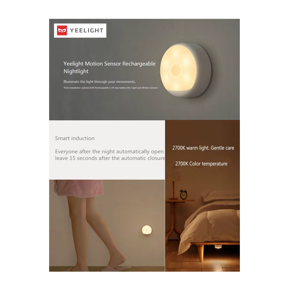 Yeelight LED-Nachtlicht mit Bewegungsmelder in Weiß, wiederaufladbar und minimalistisch für Schlafzimmer, Schrank oder Flur - Bild 7