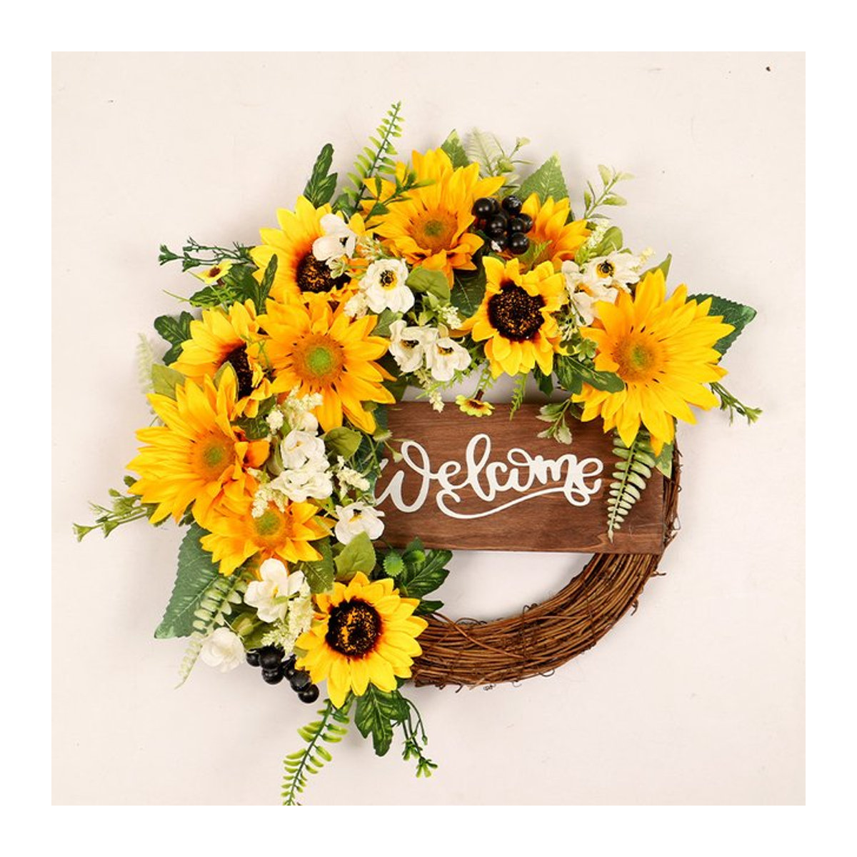YeeNanee Frühlingskranz aus künstlichen Sonnenblumen und Eukalyptus mit Willkommensschild, mehrfarbig, Durchmesser: 40 cm - Bild 1