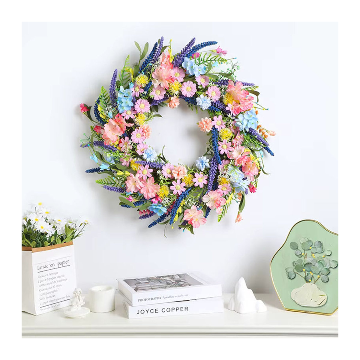 YeeNanne Künstlicher Frühlings- und Sommerkranz mit Blumen in Grün, Weiß und Mehrfarbig, Durchmesser: 45,7 cm, Landhaus-Dekoration für die Haustür - Bild 2