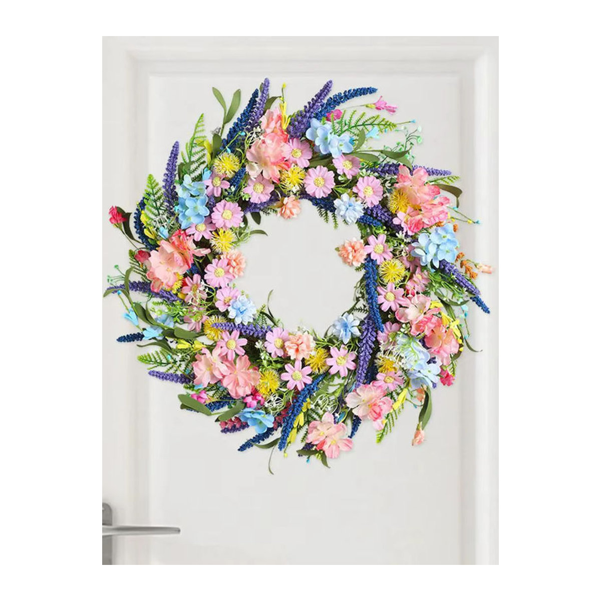 YeeNanne Künstlicher Frühlings- und Sommerkranz mit Blumen in Grün, Weiß und Mehrfarbig, Durchmesser: 45,7 cm, Landhaus-Dekoration für die Haustür - Bild 3