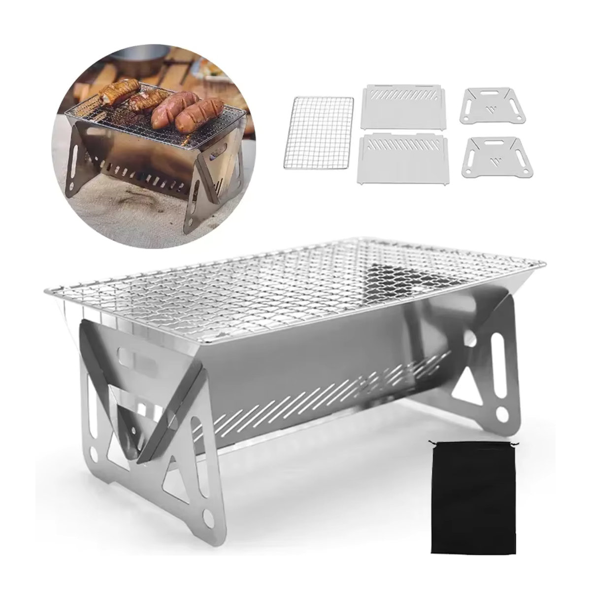 YEGBONG Tragbarer klappbarer Campinggrill aus Edelstahl mit Grillrost und Brennholzofen - Bild 2