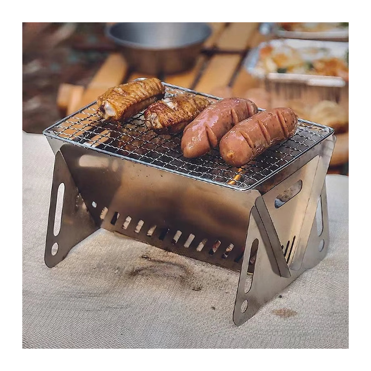 YEGBONG Tragbarer klappbarer Campinggrill aus Edelstahl mit Grillrost und Brennholzofen - Bild 4