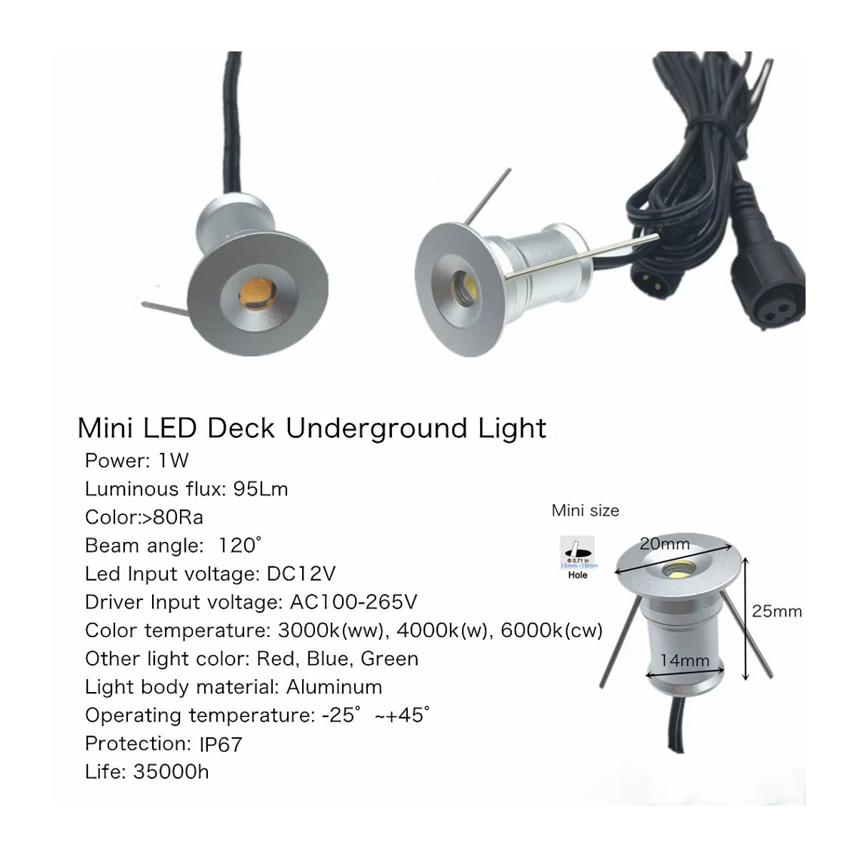 YELEDWAY LED Einbau-Unterflurleuchte IP67 Wasserdicht, 1W Outdoor Garten Spotlicht aus Aluminium in Silber - Bild 3