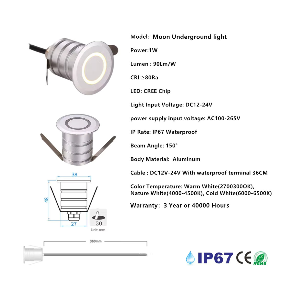 YELEDWAY LED Einbauleuchten IP67 wasserdichte Bodenstrahler aus Aluminium in Silber für Garten und Treppen - Bild 3