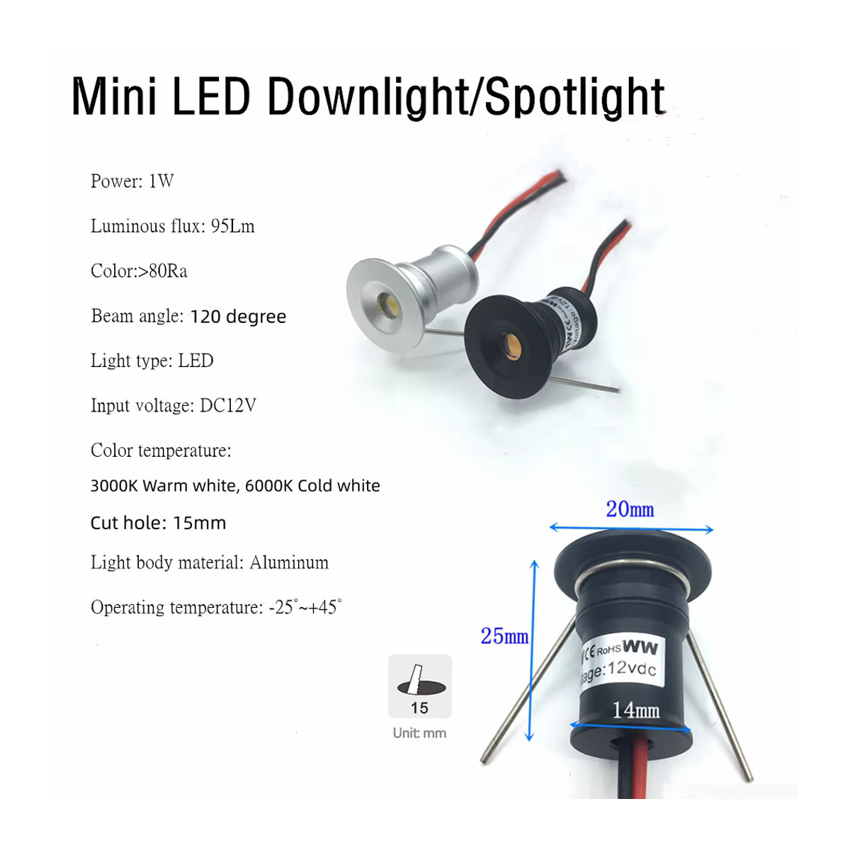 YELEDWAY Mini LED-Einbaustrahler in Schwarz, 1W dimmbarer Downlight aus Aluminium für Vitrinen, Schränke und Küchen - Bild 3