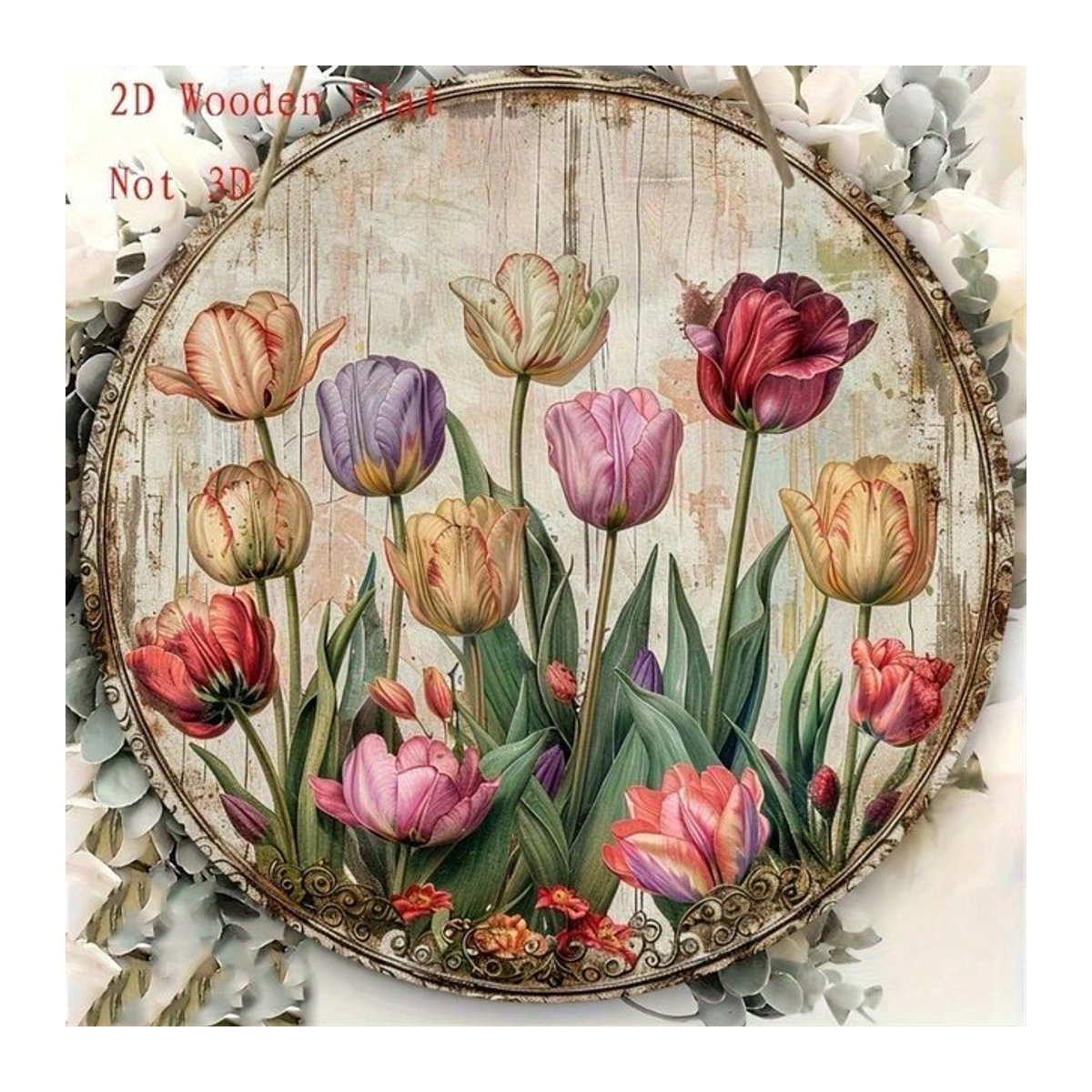 YELLZY Wanddekoration aus Holz mit floralem Tulpen-Print im Landhausstil, rund, mehrfarbig - Bild 1