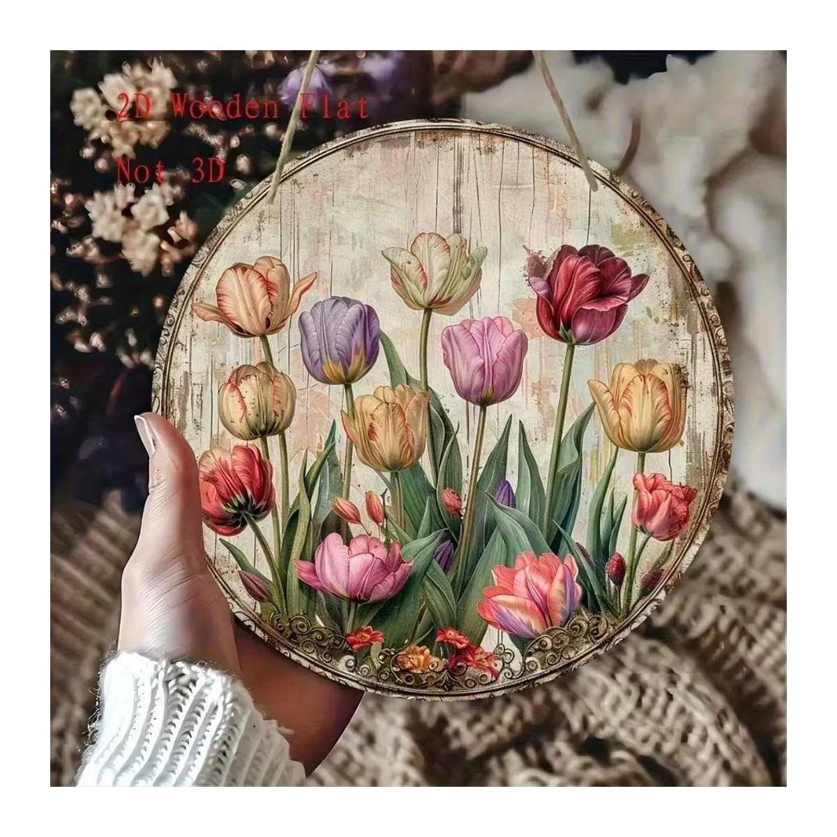 YELLZY Wanddekoration aus Holz mit floralem Tulpen-Print im Landhausstil, rund, mehrfarbig - Bild 2