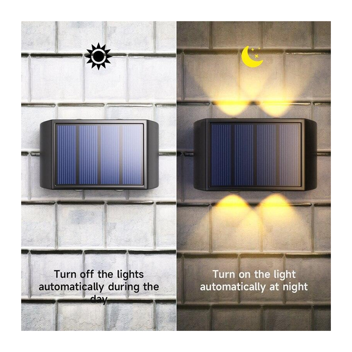 YH-Home & Kitchen Solarbetriebene Doppelkopf-Wandleuchte mit 4 LED in Warmweiß, wasserdichte Außenwandlampe in Gelb oder Schwarz - Bild 6