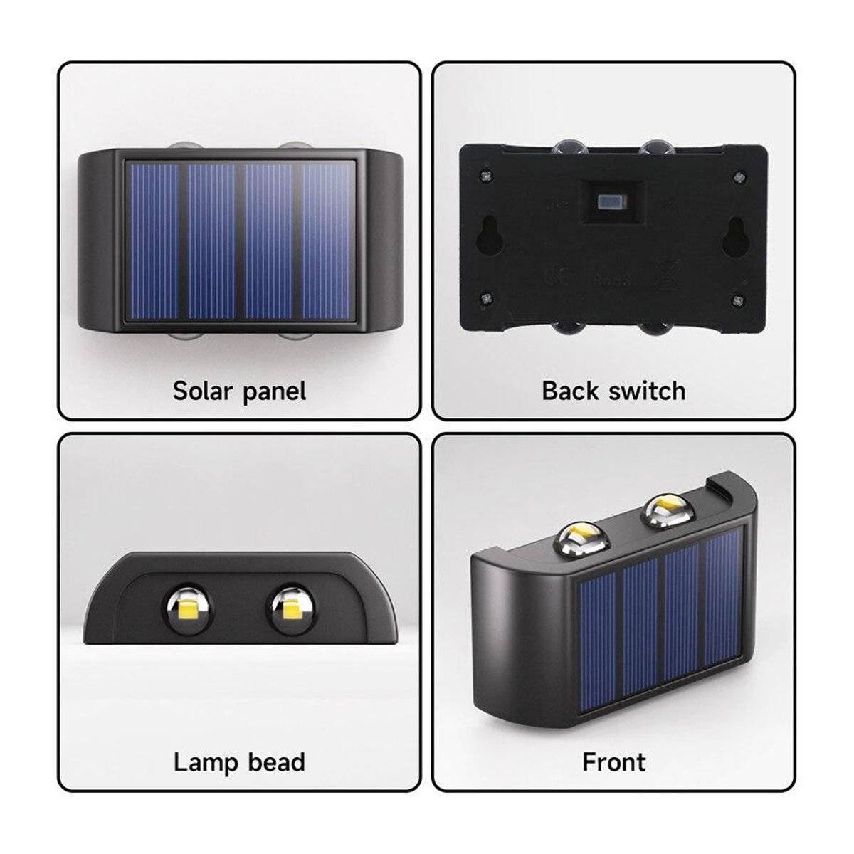 YH-Home & Kitchen Solarbetriebene Doppelkopf-Wandleuchte mit 4 LED in Warmweiß, wasserdichte Außenwandlampe in Gelb oder Schwarz - Bild 7