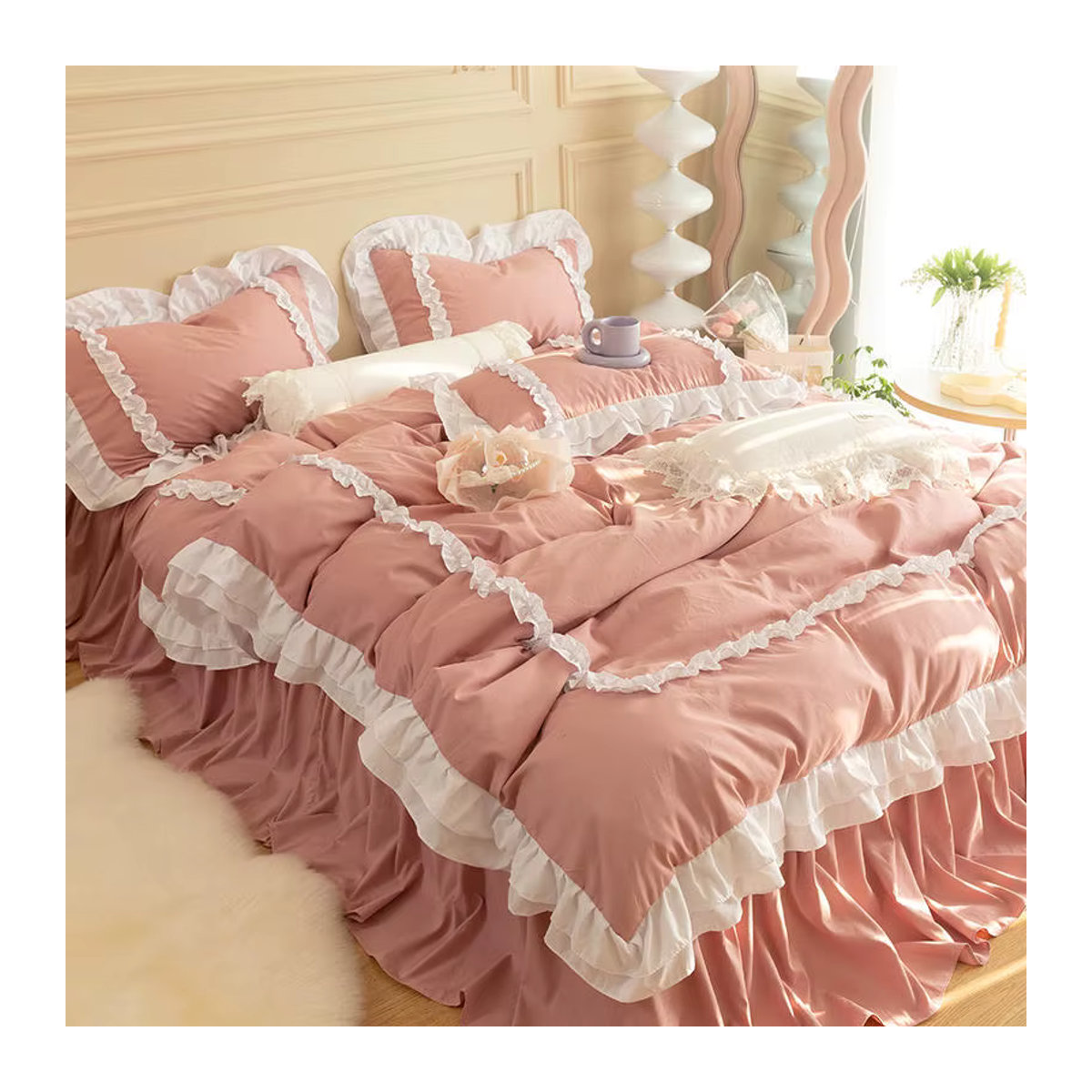 YHXSLY Koreanische Prinzessin Bettwäsche mit Rüschen und Spitze in Rosa oder Grün für Mädchen und Frauen - Bild 2