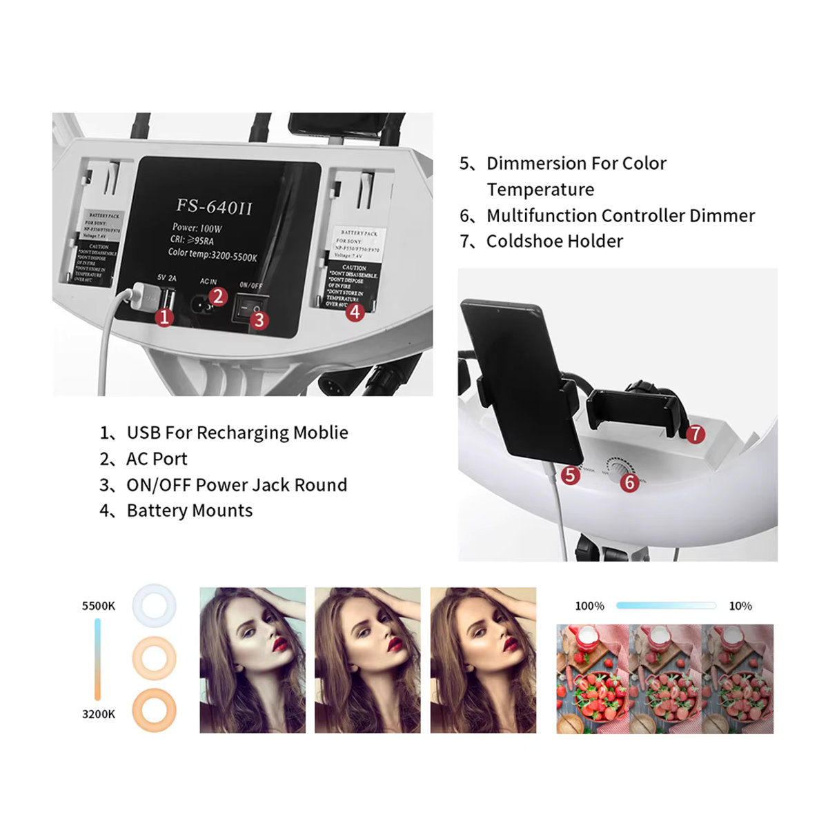 Yidoblo FS640II Professionelle 22-Zoll LED Ringlampe mit Stativ 100 W für Make-up, Tattoo, Video und Fotostudio mit CRI95 - Bild 4