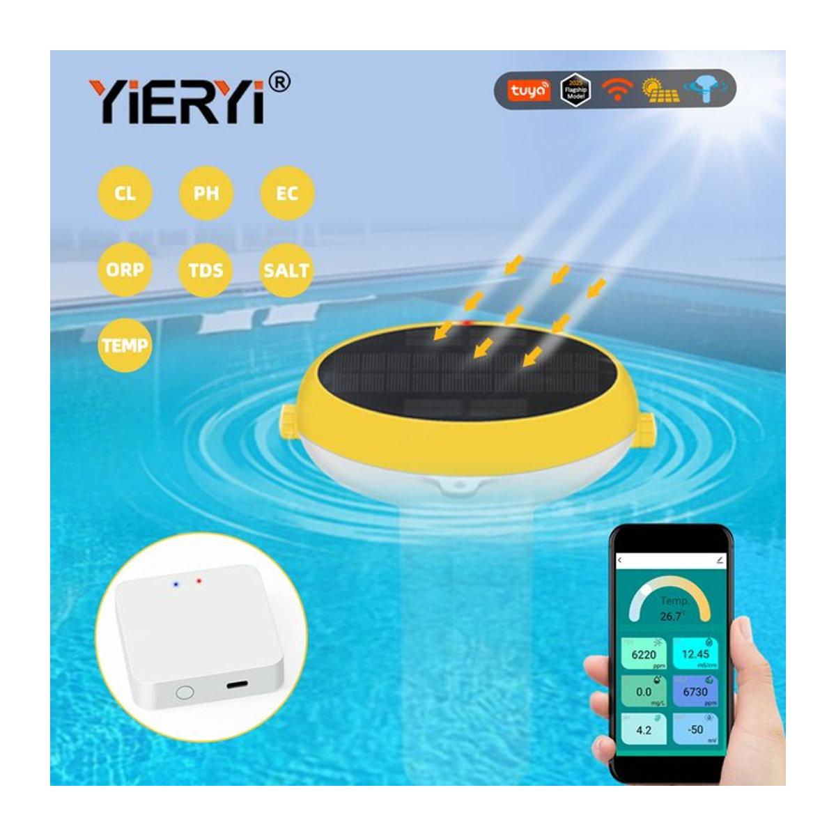 Yieryi Smart Pool Chlormonitor WiFi 7-in-1 Solar Schwimmender Wassertester für pH, ORP, TDS, EC, Salz und Temperatur in Gelb - Bild 1