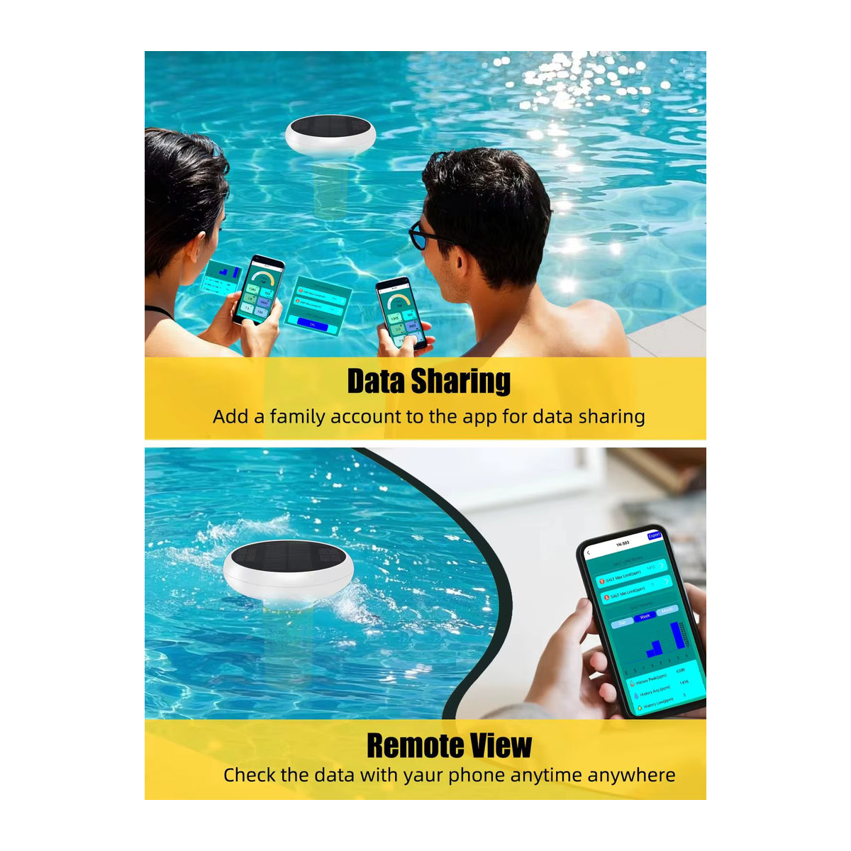 Yieryi Smart Pool Chlormonitor WiFi 7-in-1 Solar Schwimmender Wassertester für pH, ORP, TDS, EC, Salz und Temperatur in Gelb - Bild 3