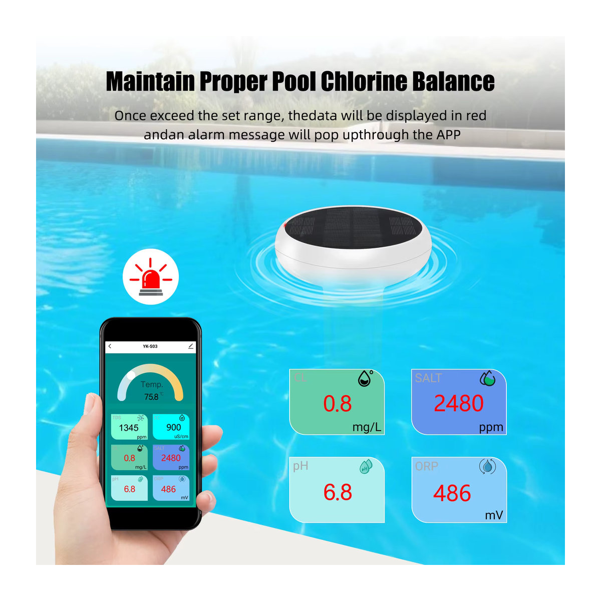 Yieryi Smart Pool Chlormonitor WiFi 7-in-1 Solar Schwimmender Wassertester für pH, ORP, TDS, EC, Salz und Temperatur in Gelb - Bild 4