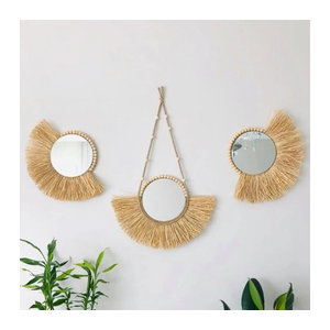 YIGEMAO Boho Wandspiegel Rund aus Rattan und Holz in Beige, Durchmesser: 40 cm