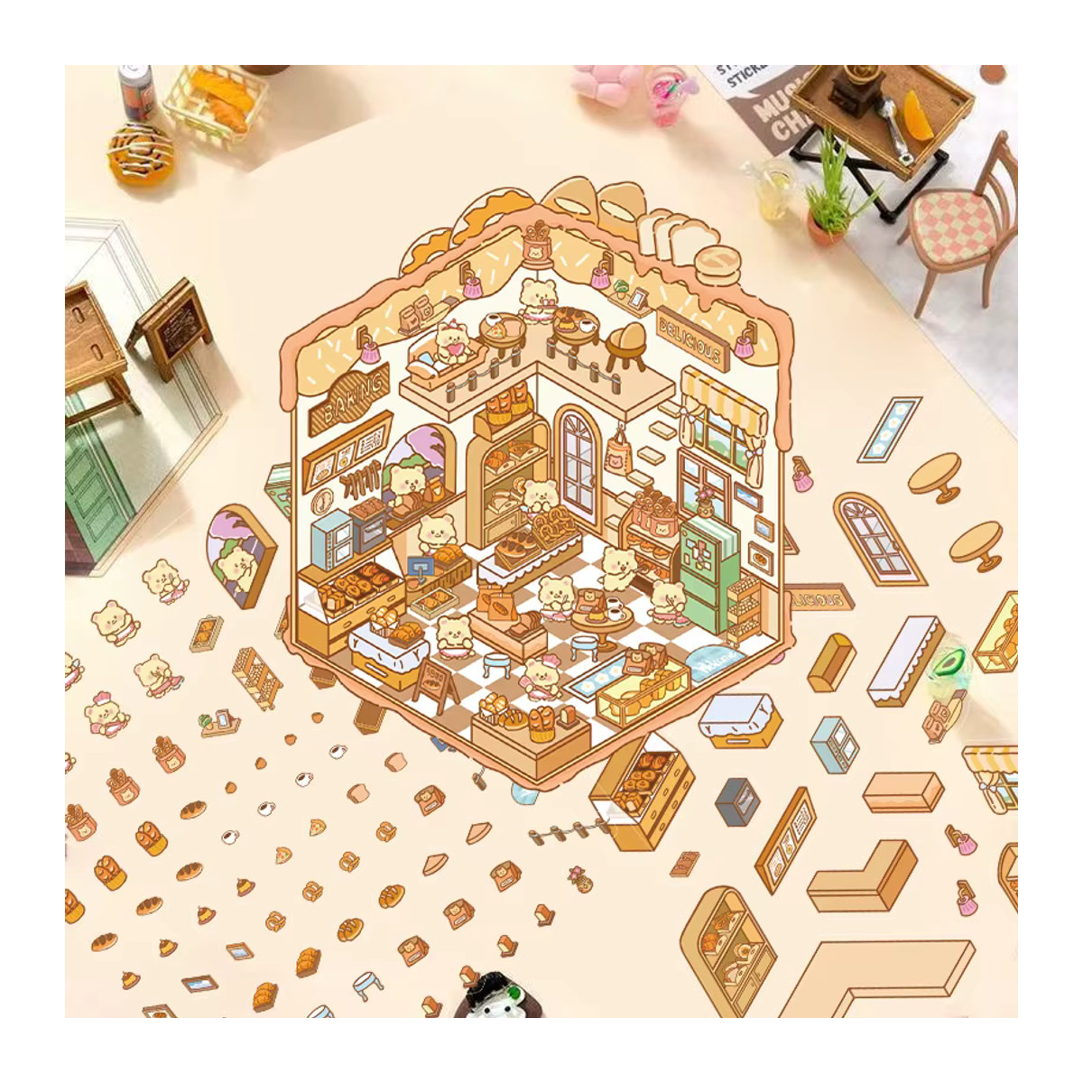 YIIMANNER 3D Cartoon Landschaft Aufkleber Bär Bäckerei Miniatur Welt DIY Szene Hand Konto Aufkleber mehrfarbig - Bild 1